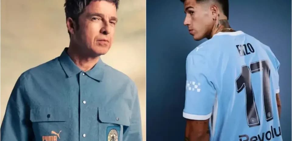 Man in blue shirt and player in football jersey