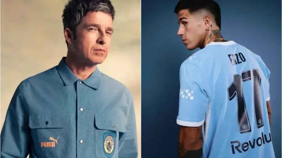 Man in blue shirt and player in football jersey