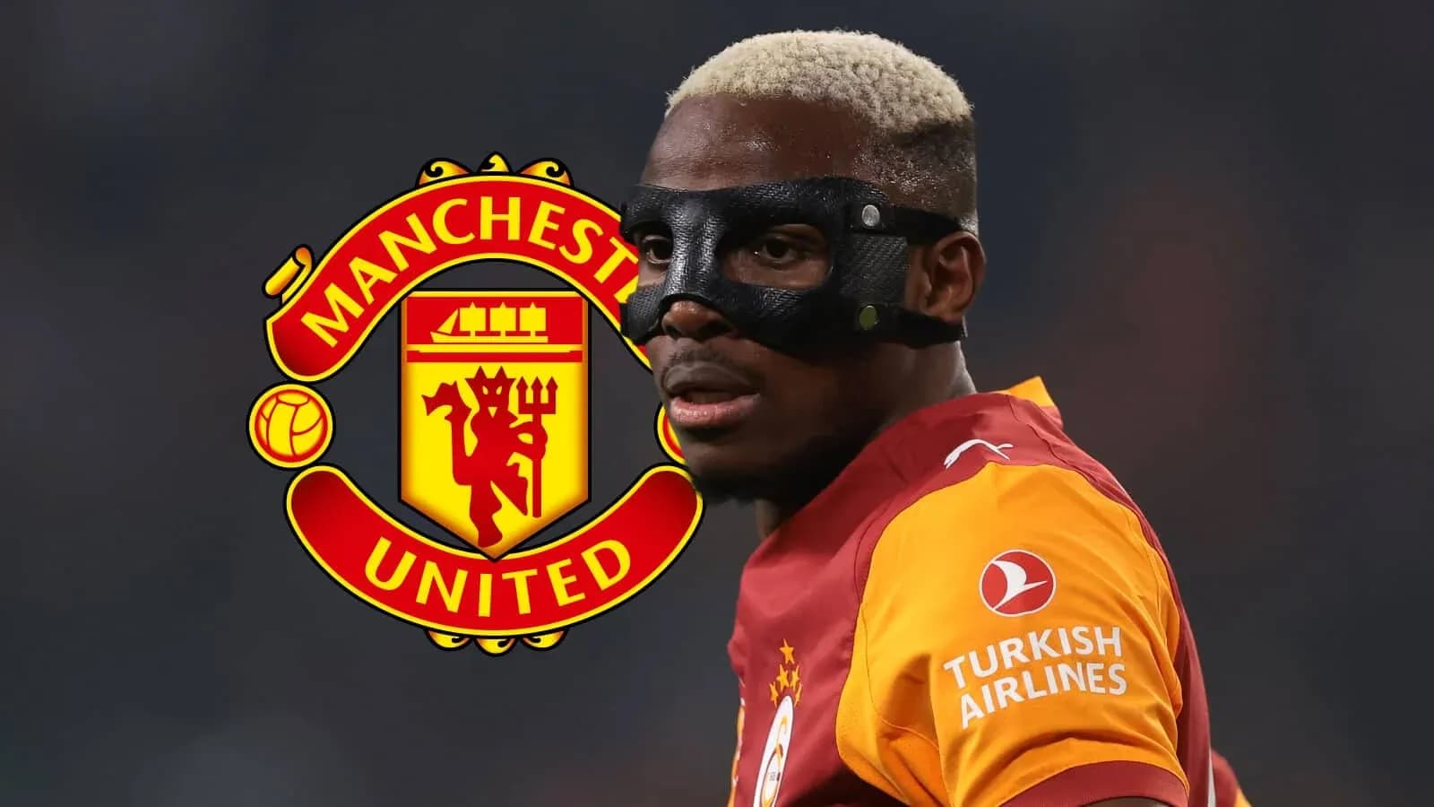 Player wearing mask with Manchester United logo background