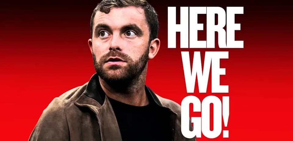 Man looking away with text 'HERE WE GO!'