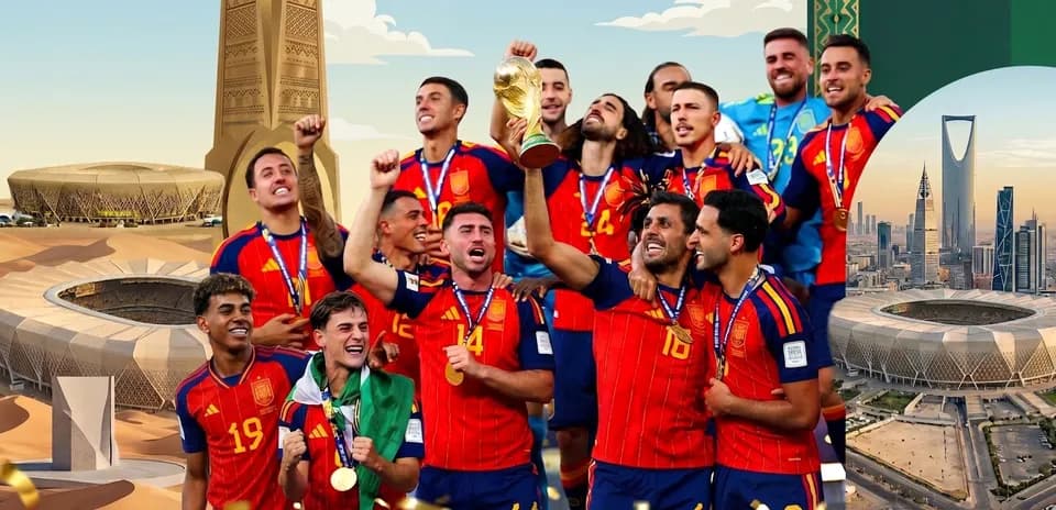 Spain team celebrating with World Cup trophy