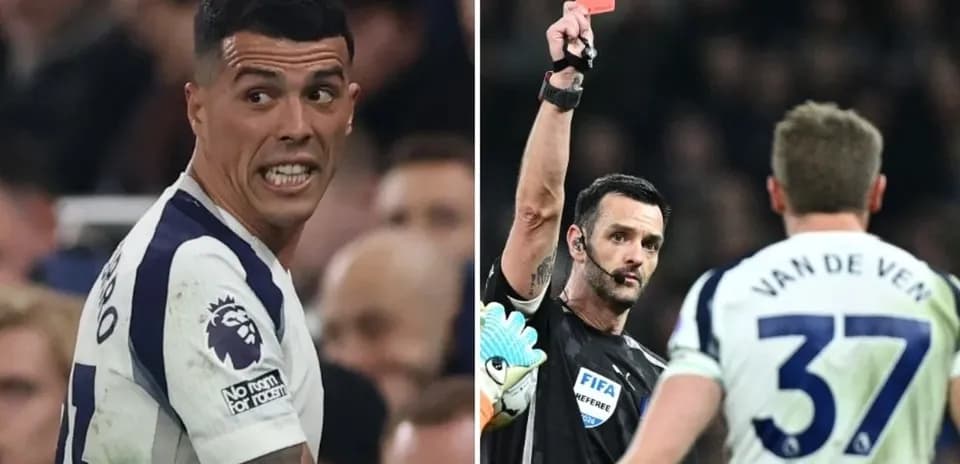 Referee showing red card during Tottenham match