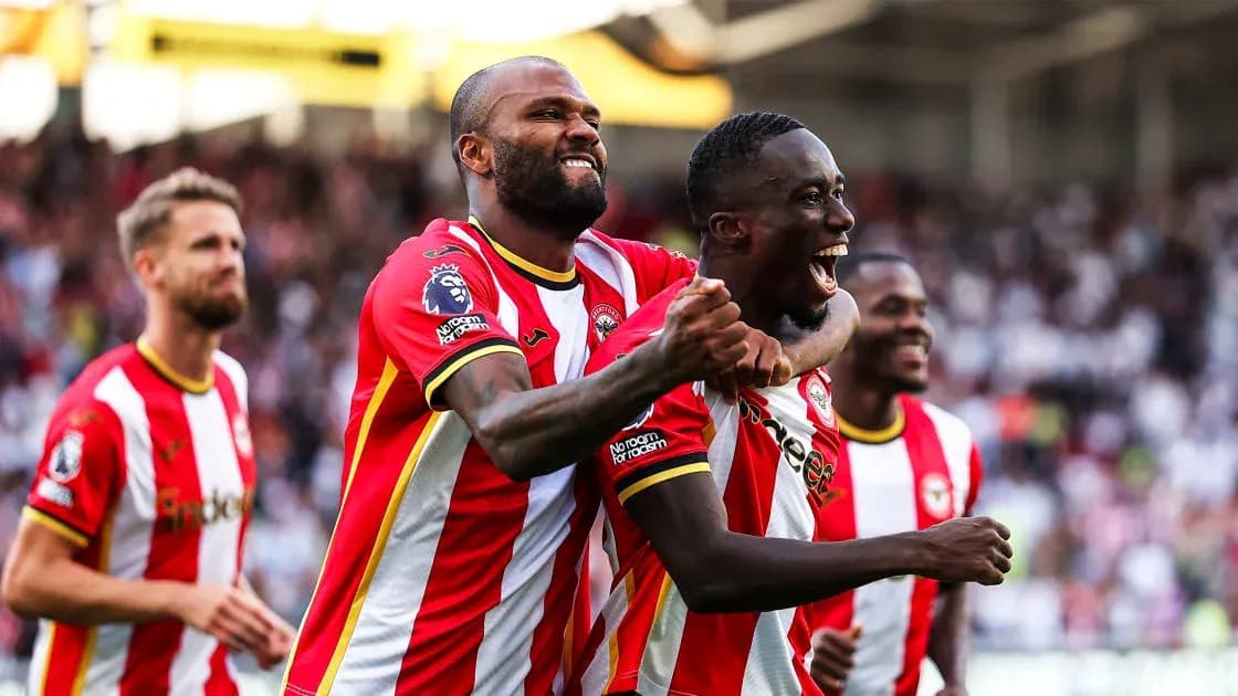 Brentford players celebrating a goal together