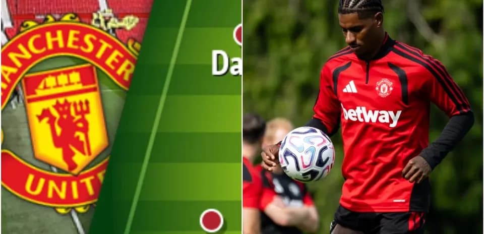 Manchester United logo and player training with ball