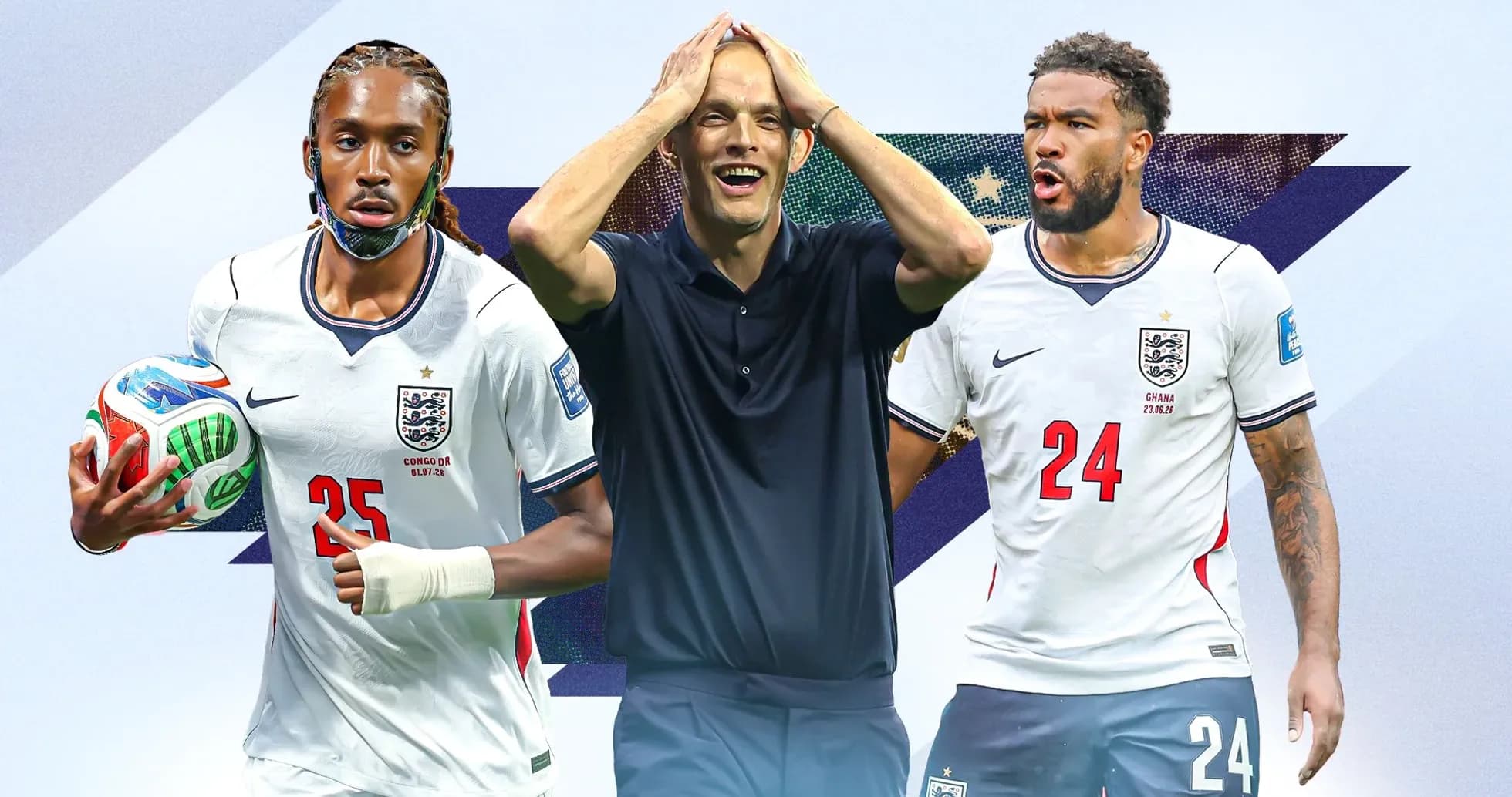 Three football players in England jerseys with a coach