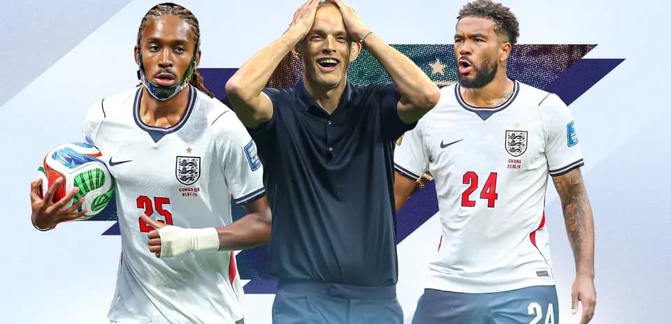 Three football players in England jerseys with a coach