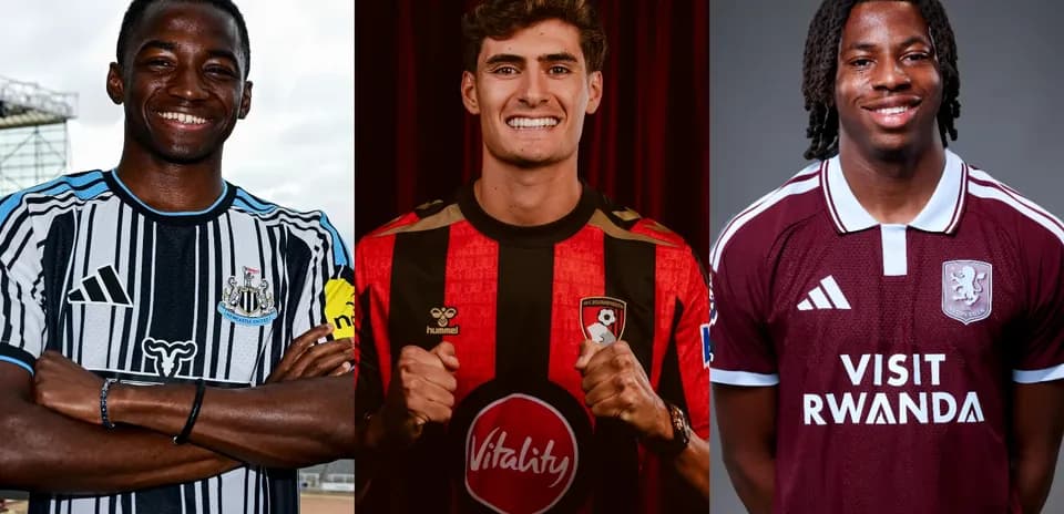 Three football players in team jerseys posing for photo