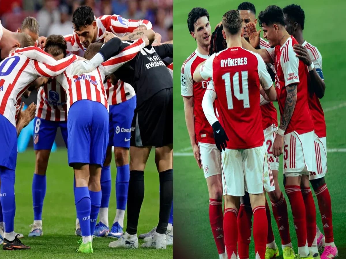 Atletico Madrid and Arsenal players huddling
