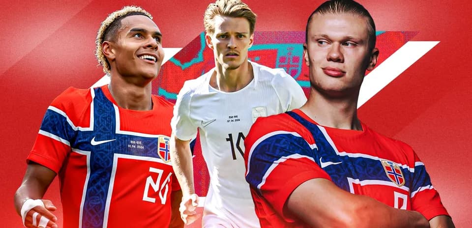 Three Norwegian football players posing in team kits