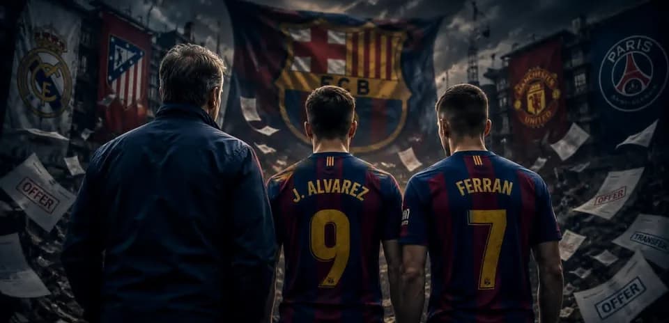 Players in Barcelona jerseys facing banners and debris
