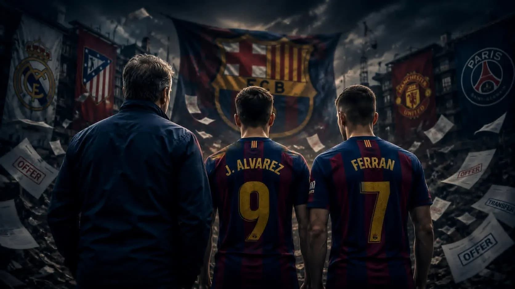 Players in Barcelona jerseys facing banners and debris