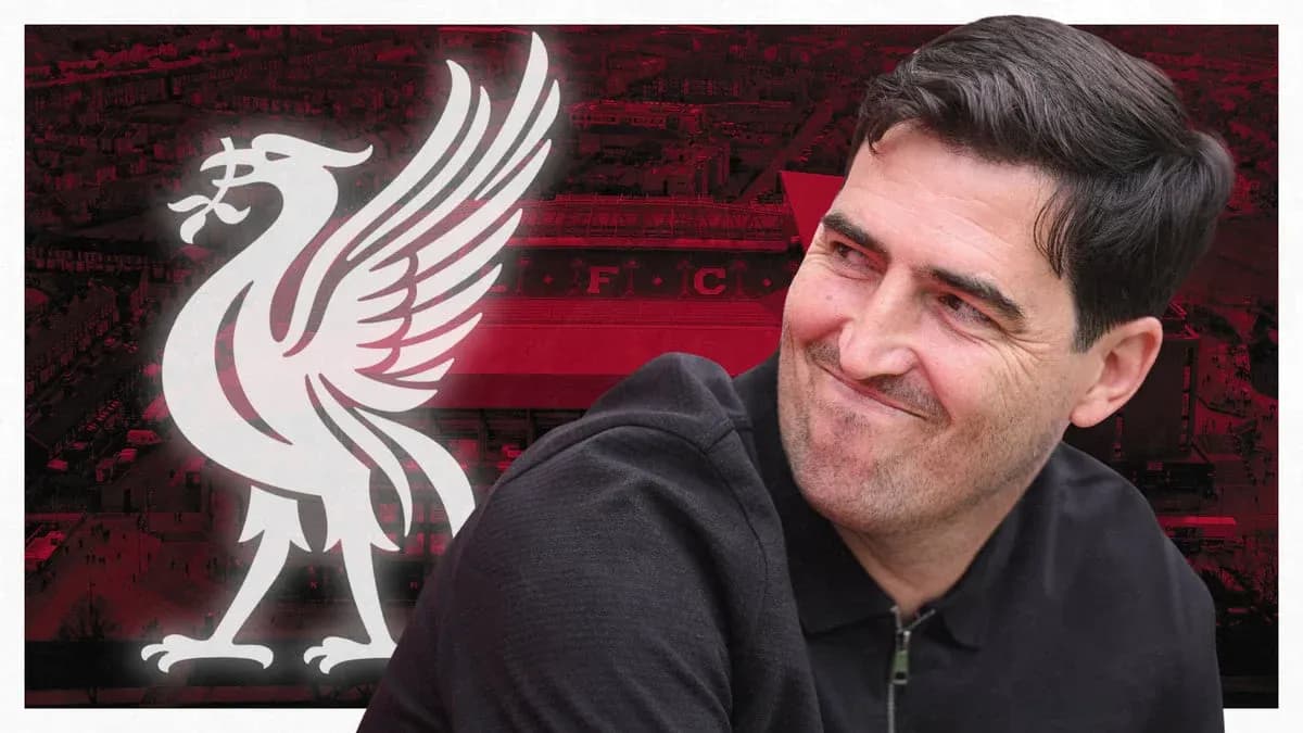 Man smiling with Liverpool logo and stadium background