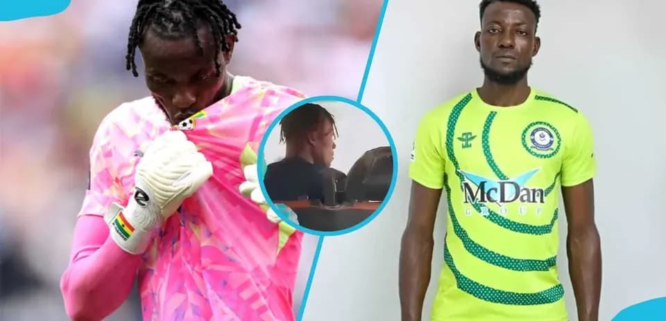 Goalkeeper in pink kit and player in green kit