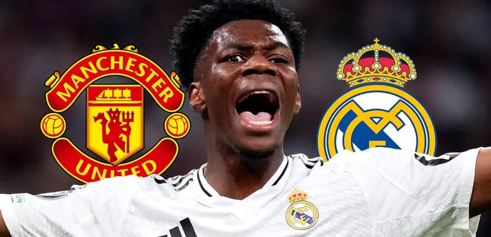 Player celebrating with Manchester United and Real Madrid logos