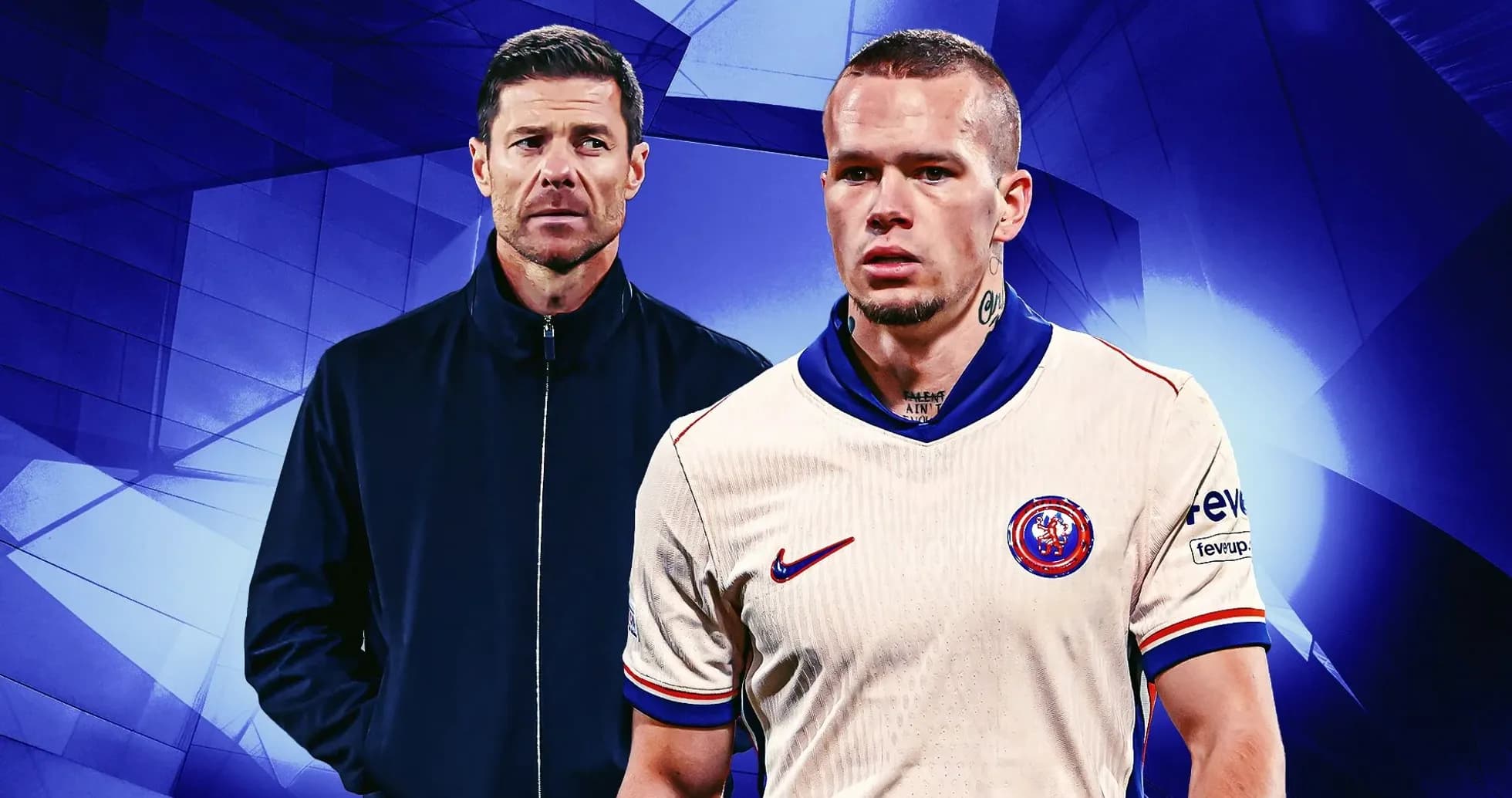 Coach and player in team uniforms on abstract background