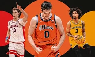 Three college basketball players in team uniforms