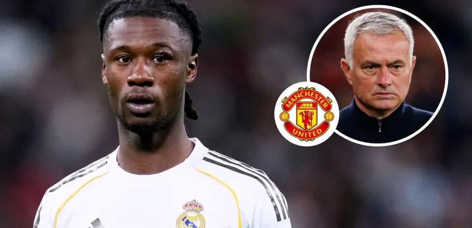 Player in Real Madrid jersey with Manchester United logos