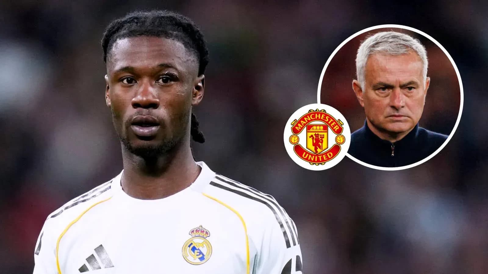 Player in Real Madrid jersey with Manchester United logos