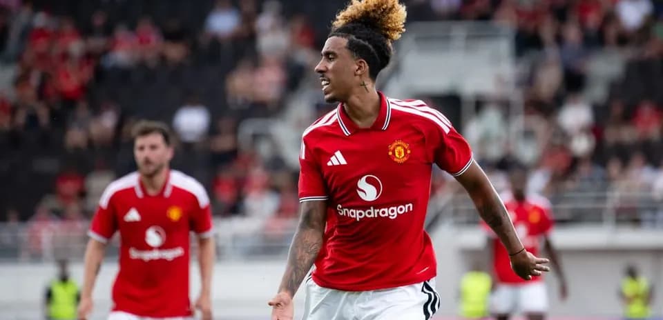 Player celebrating in Manchester United jersey on pitch