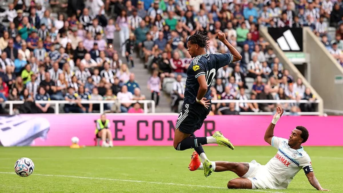 Player jumping over opponent during football match