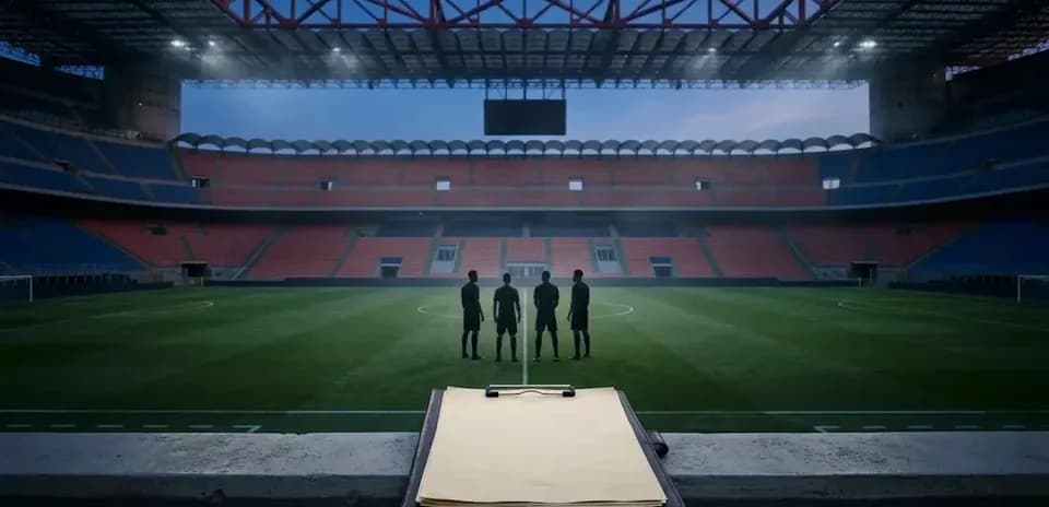 Referees discussing in empty stadium before match