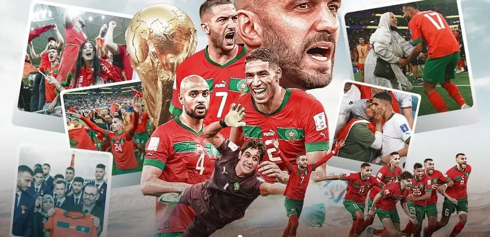 Morocco team celebrating with fans and trophy