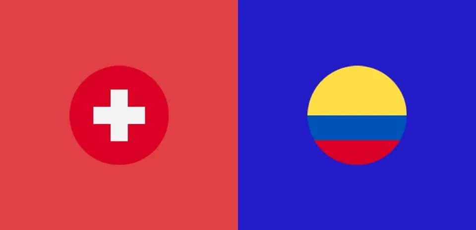 Flags of Switzerland and Colombia on colored backgrounds