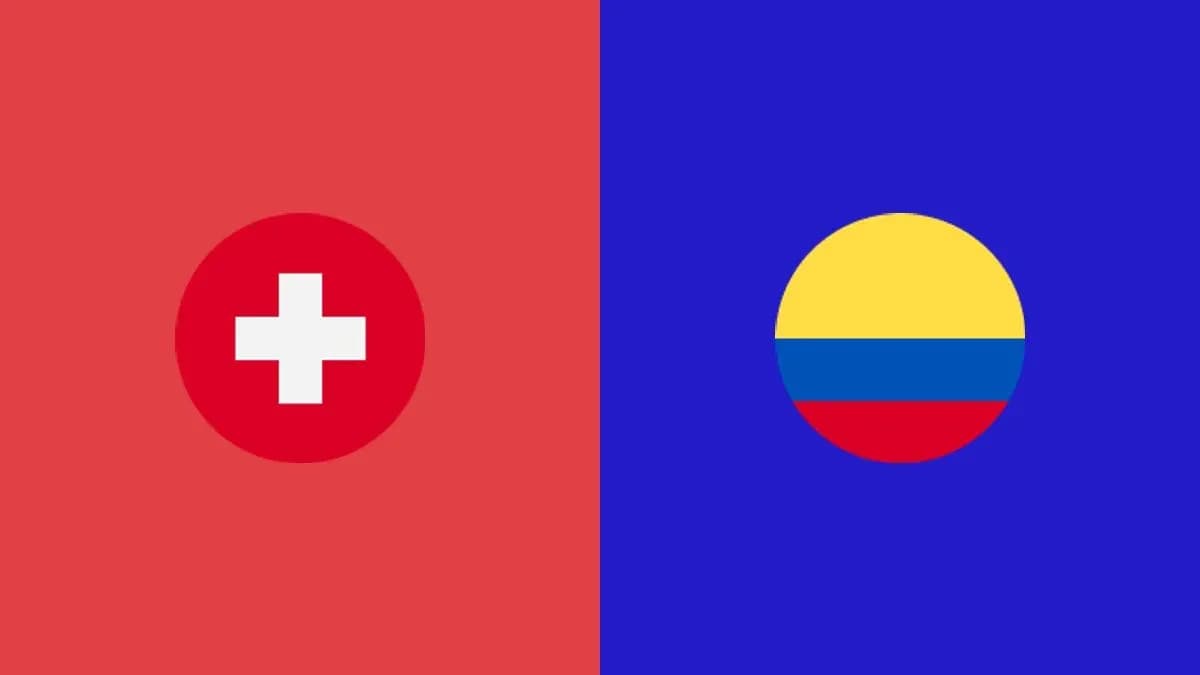 Flags of Switzerland and Colombia on colored backgrounds