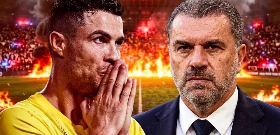 Cristiano Ronaldo and coach facing intense stadium atmosphere