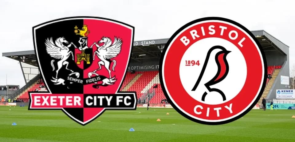 Exeter City and Bristol City logos on stadium backdrop