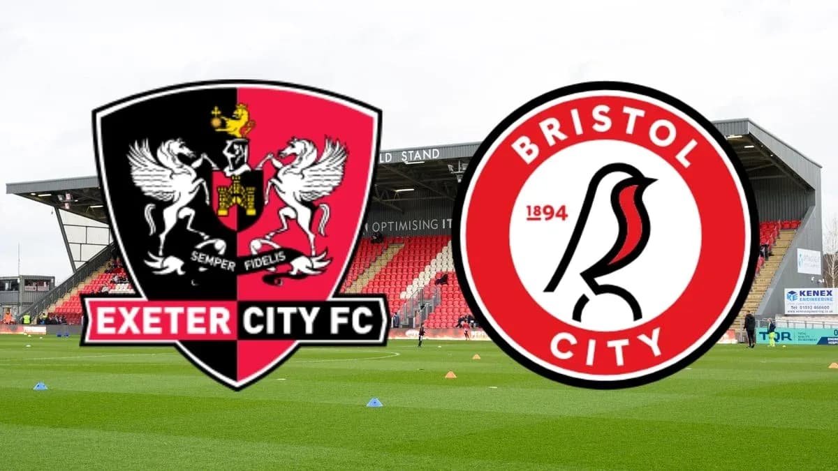 Exeter City and Bristol City logos on stadium backdrop