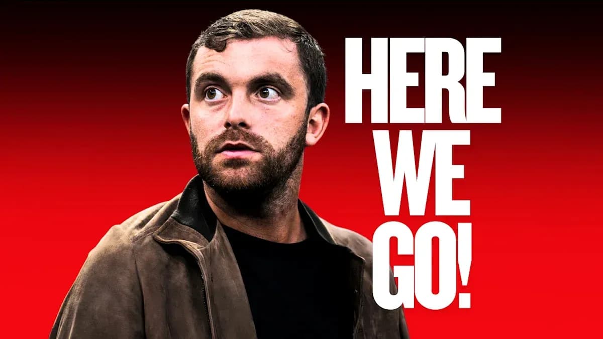 Person looking up with text 'HERE WE GO!'