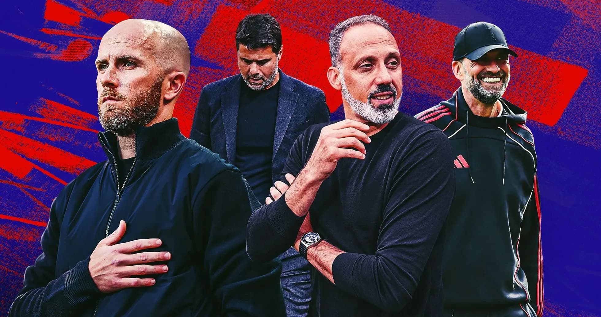 Four football managers posing against a colorful background