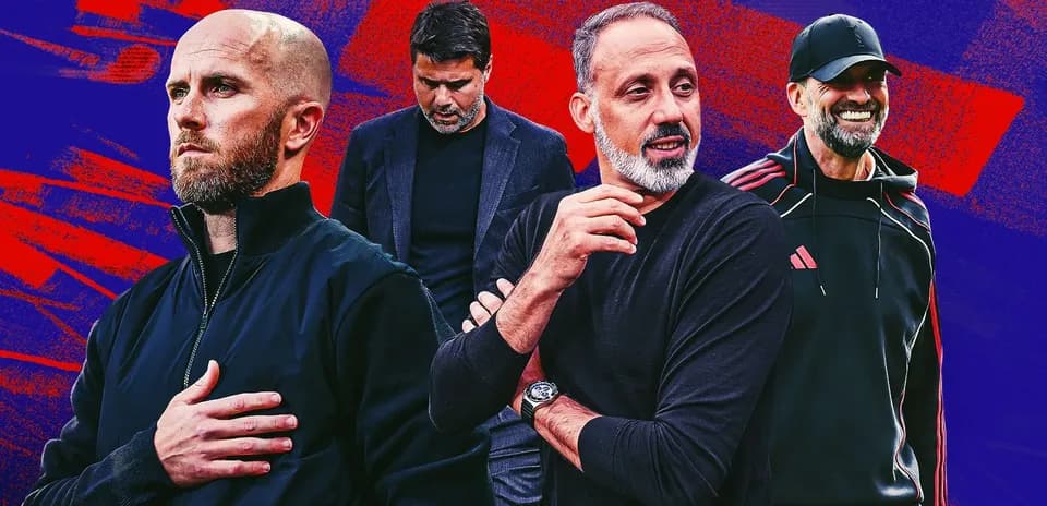 Four football managers posing against a colorful background