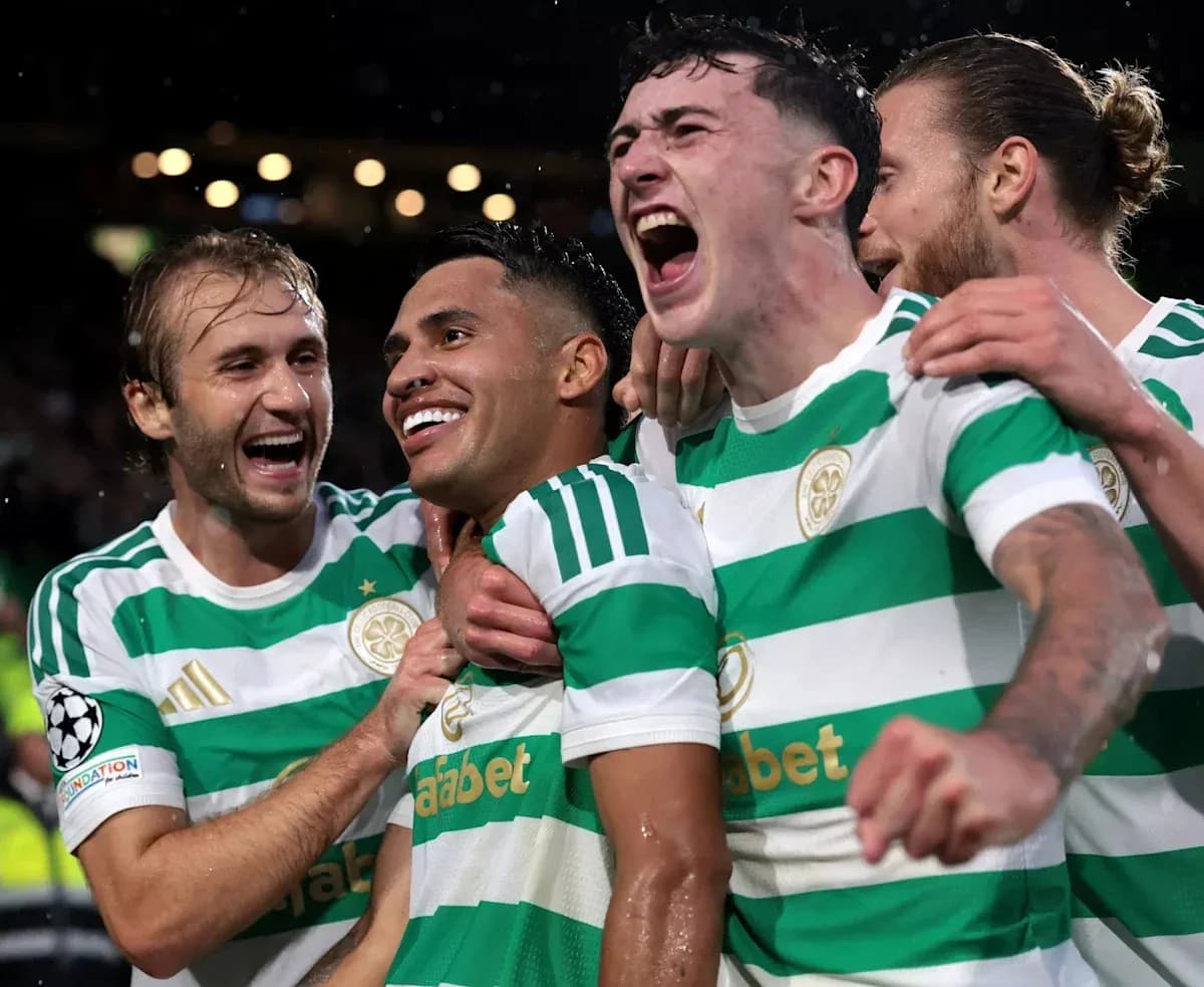 Celtic players celebrating a goal in UEFA match