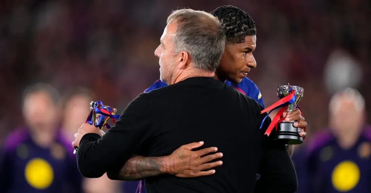 Two individuals hugging while holding trophies