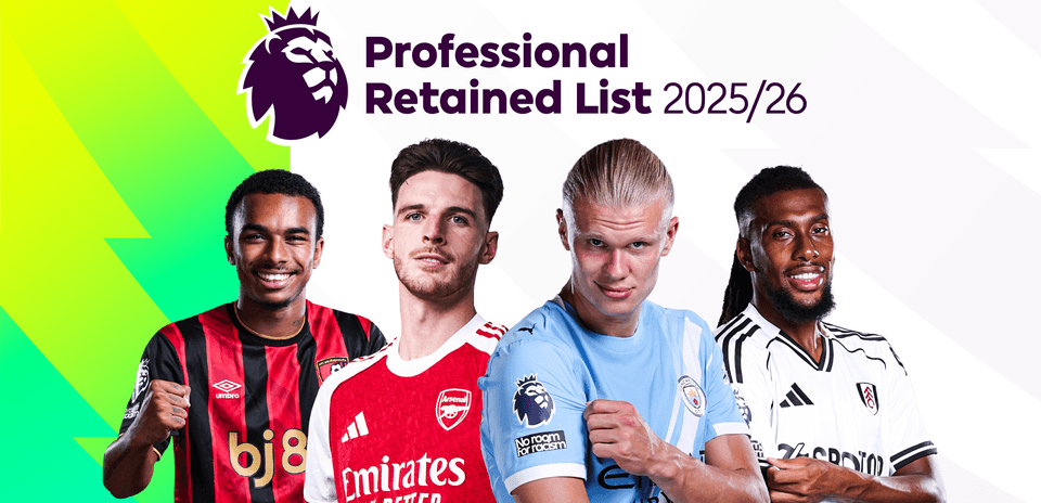 Four football players showcasing club jerseys for 2025/26