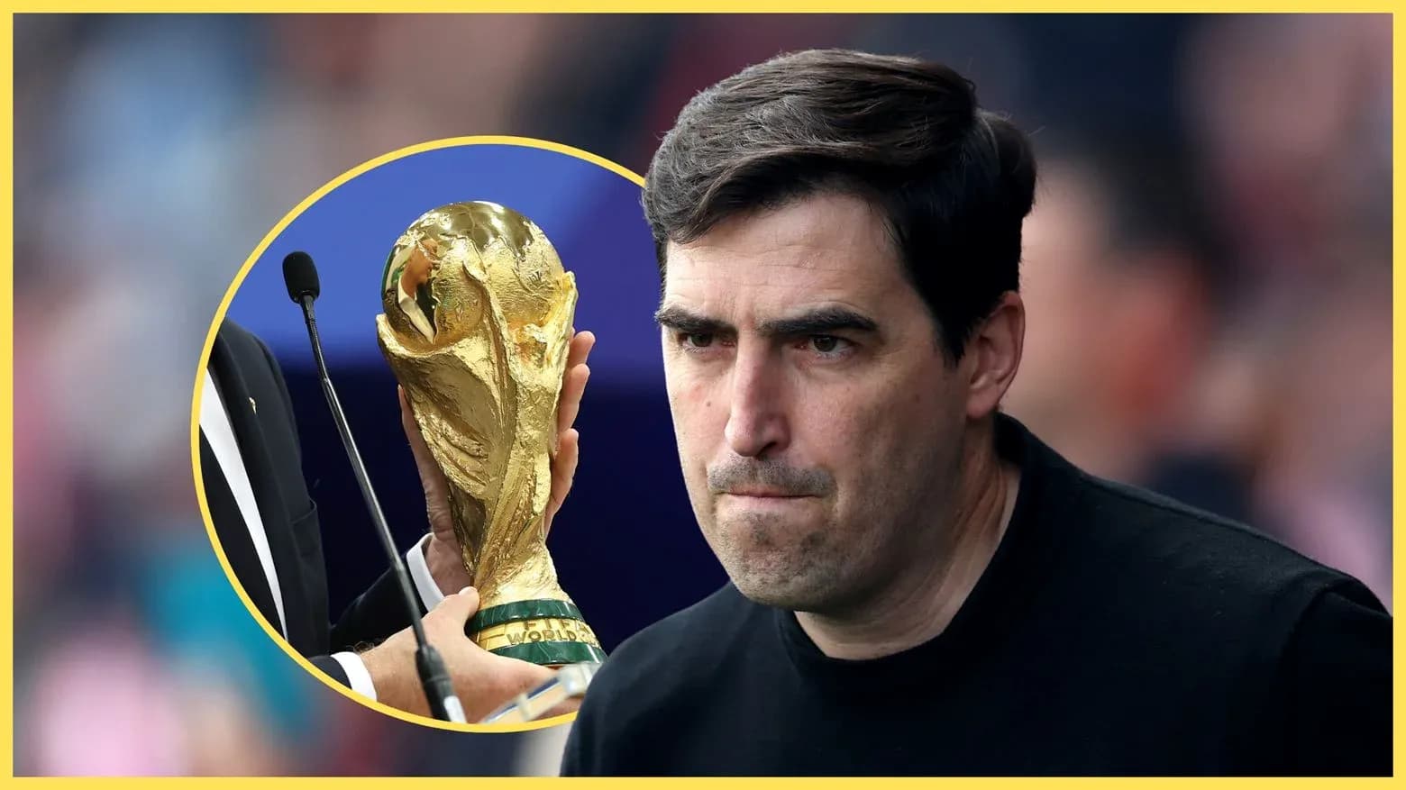 Coach with World Cup trophy in background