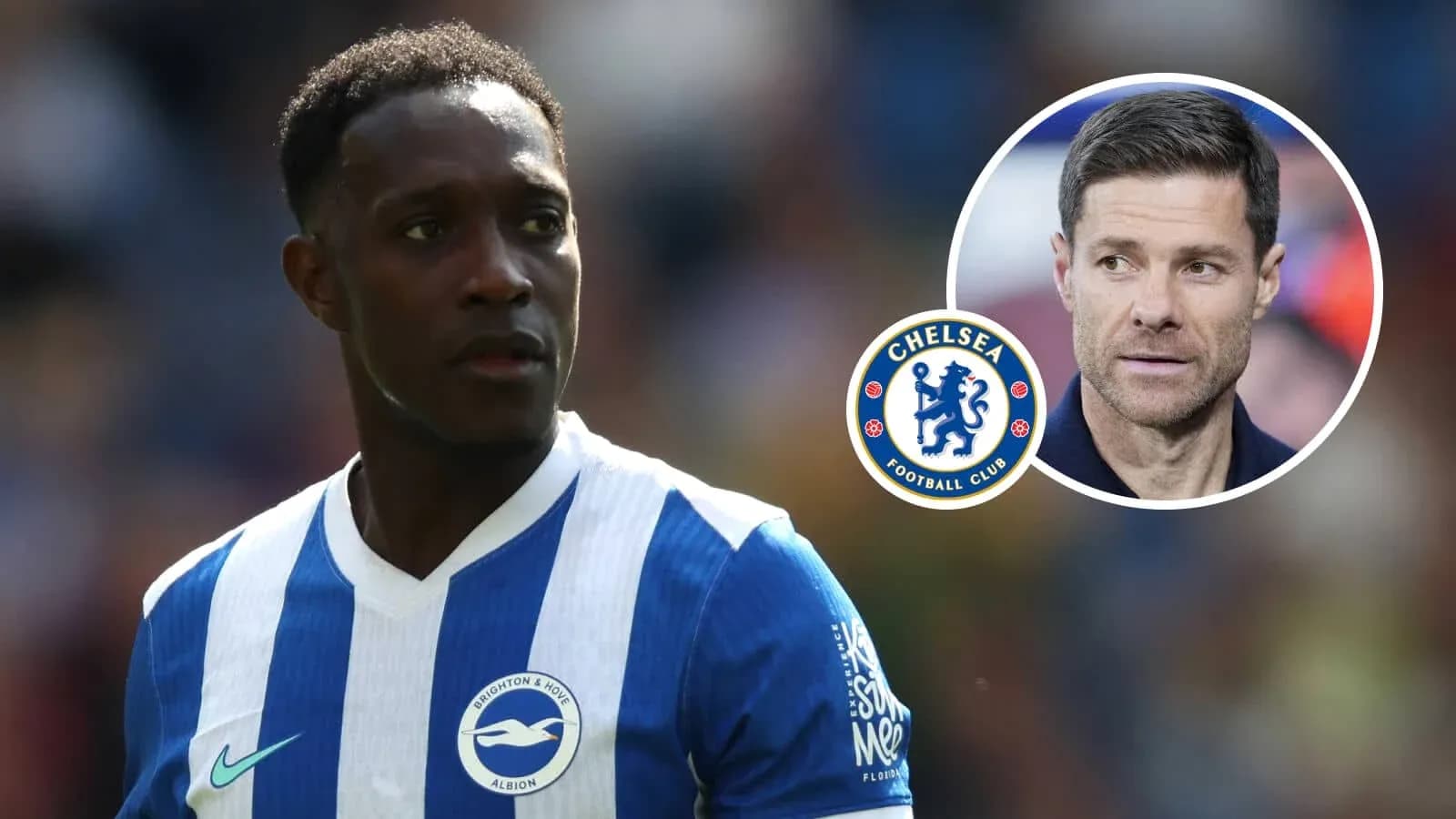 Brighton player with Chelsea logo and manager image