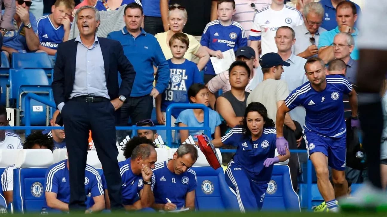 Jose Mourinho coaching with Chelsea staff during match