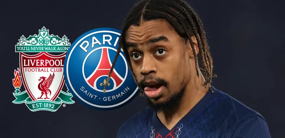Player in PSG kit with Liverpool logo background