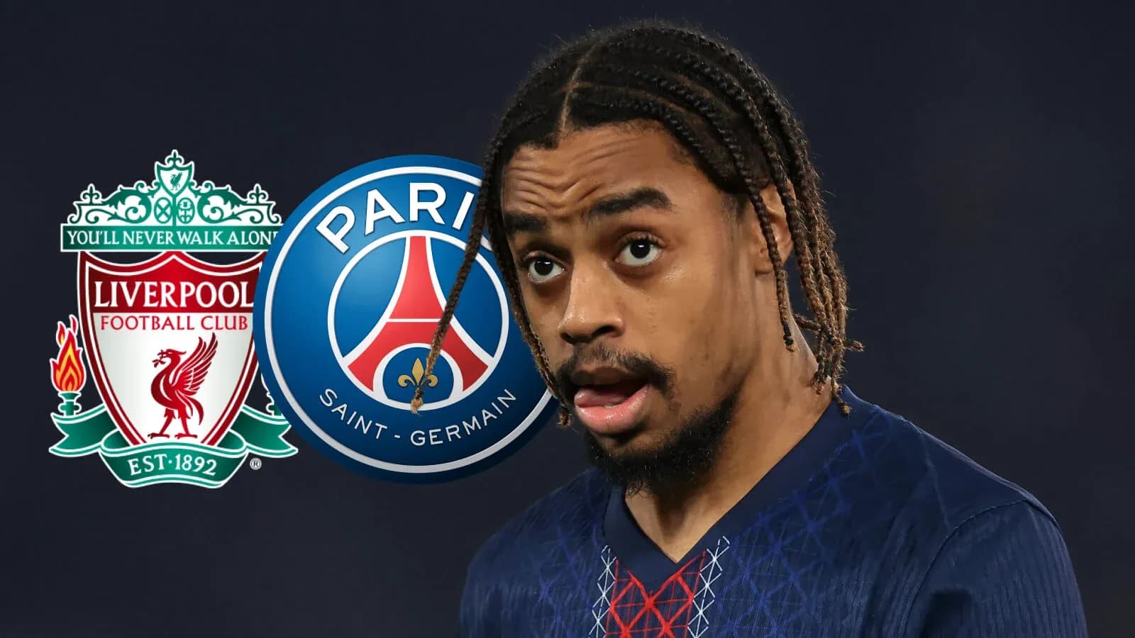Player in PSG kit with Liverpool logo background