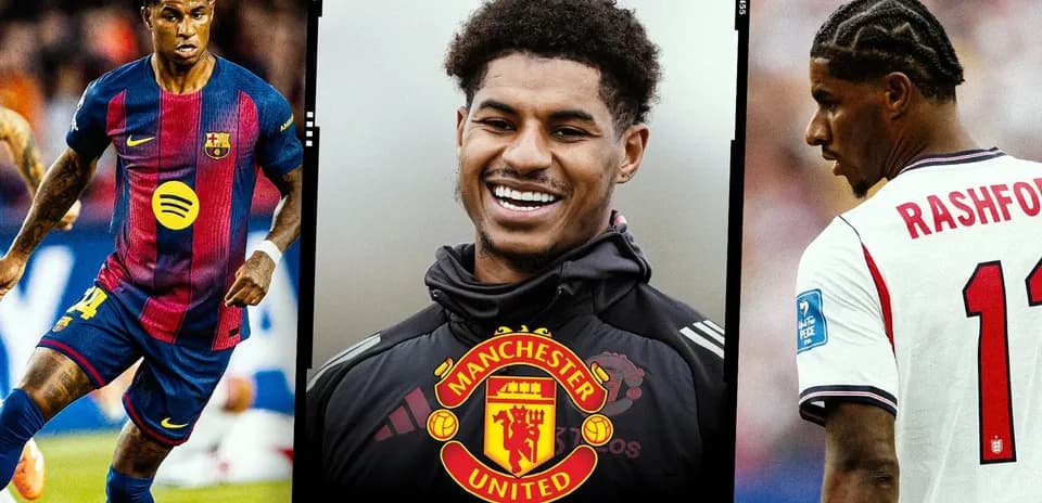 Three images of Marcus Rashford in different kits