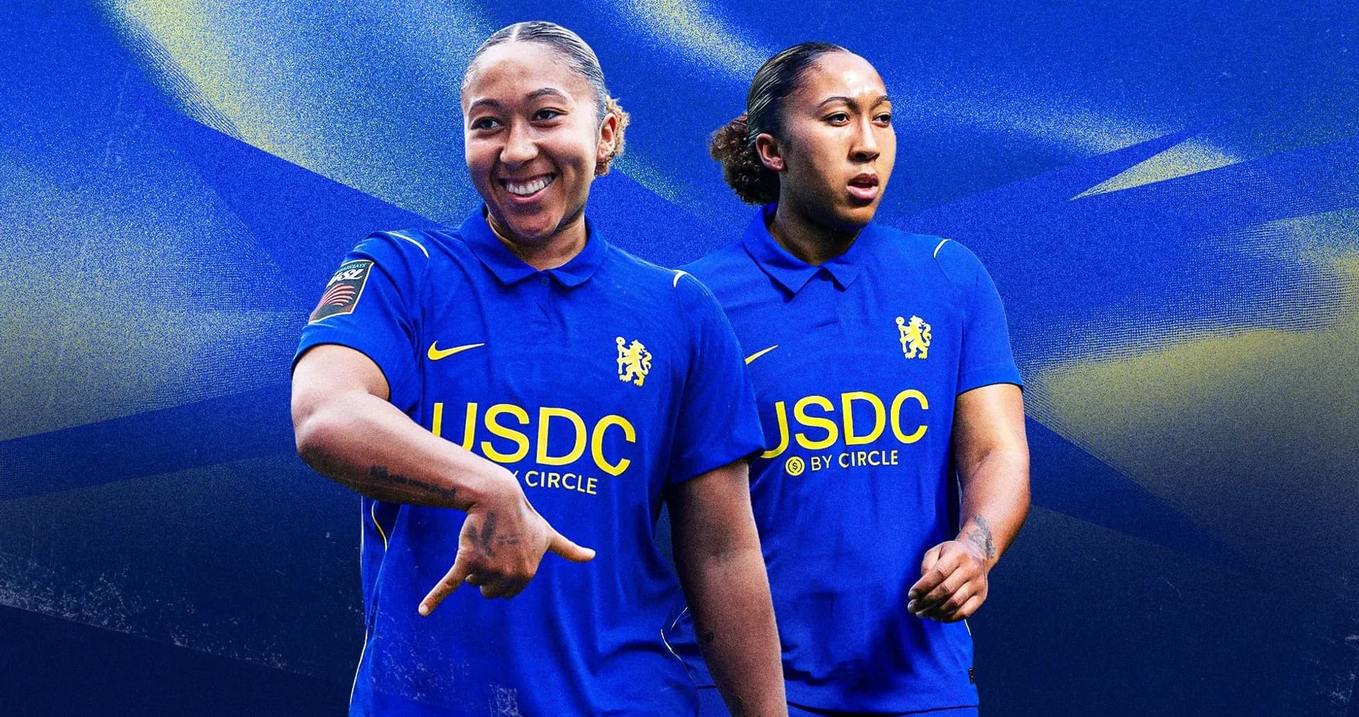 Player wearing Chelsea jersey, posing confidently