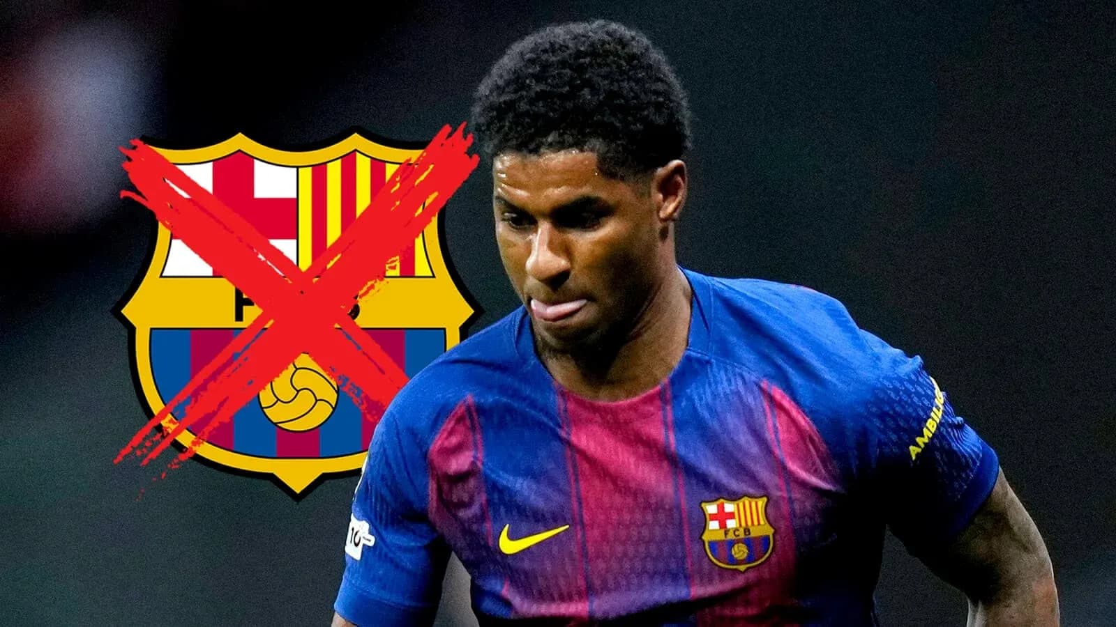 Player in Barcelona kit with logo crossed out
