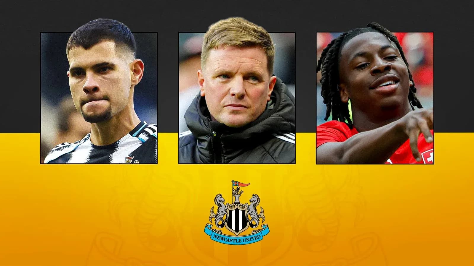 Three Newcastle United players and manager on display