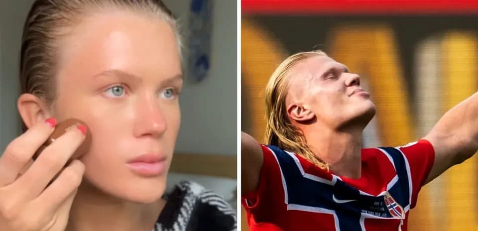 Split image of a person applying makeup and a football player celebrating