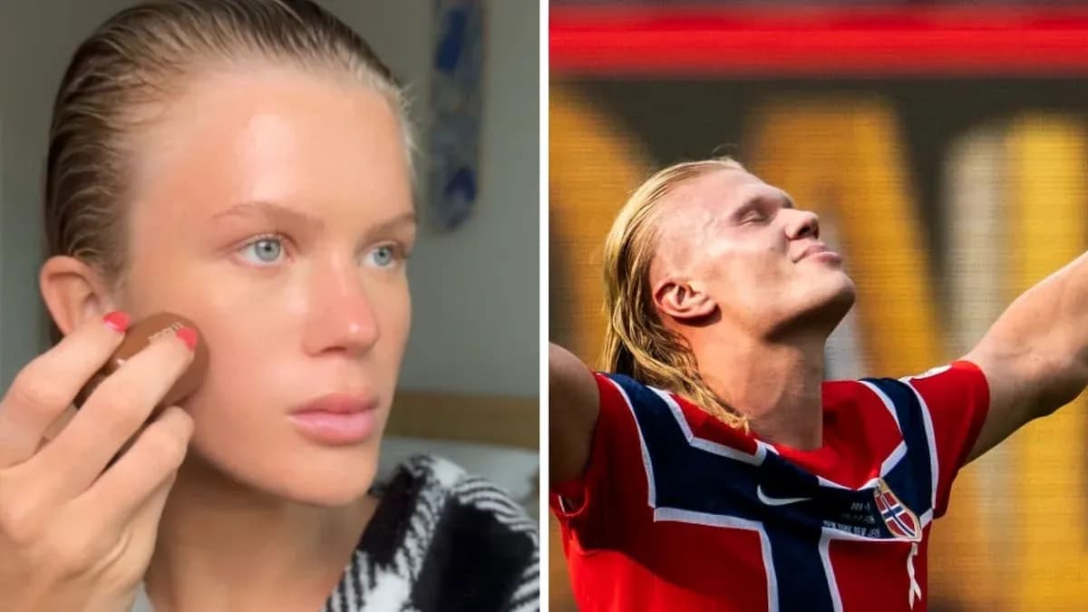 Split image of a person applying makeup and a football player celebrating