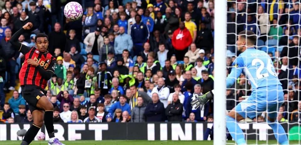 Bournemouth player shooting on goal against Leeds