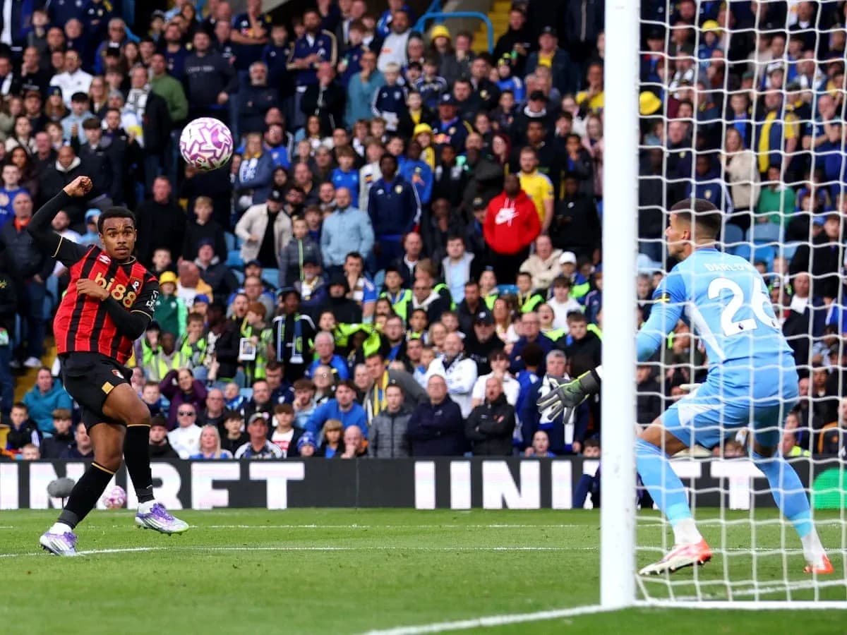 Bournemouth player shooting on goal against Leeds